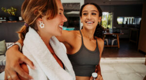 Caucasian,Female,Teen,Smiling,Together,After,Long,Exercise