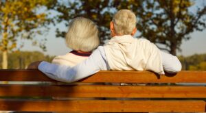 Back,View,Of,Mature,Senior,Couple,Family,Sitting,On,The