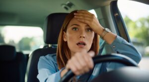Shocked,Businesswoman,Driving,A,Car.
